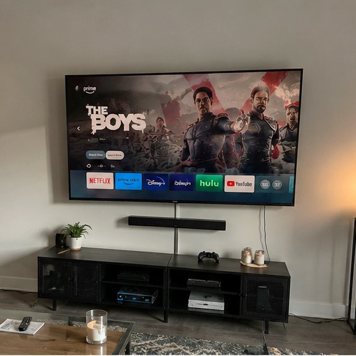Wall-mounted TV with soundbar in a living room