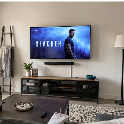 Full media wall setup with mounted TV and soundbar